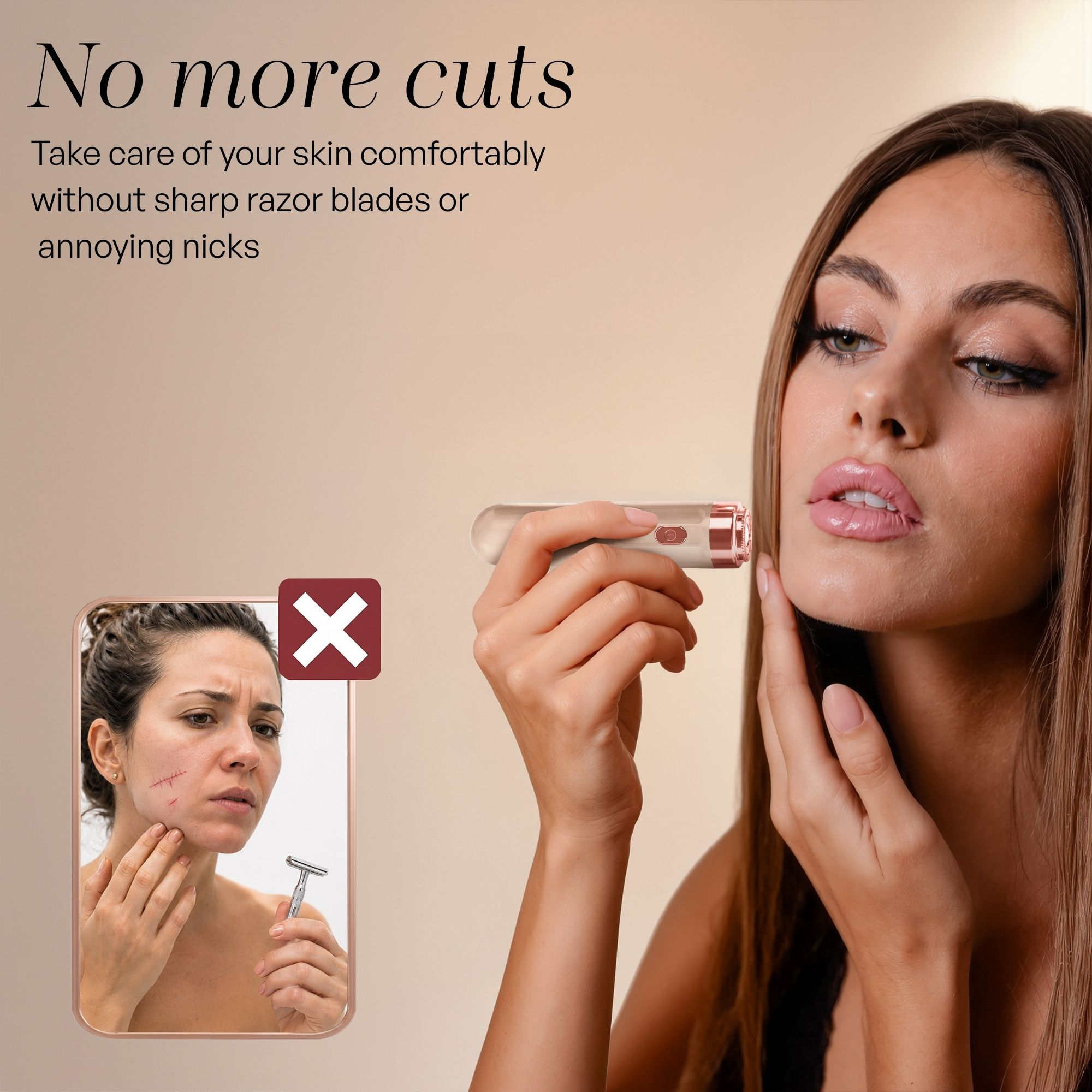 Une femme utilise un épilateur facial. En bas à gauche, une image montre une femme avec des coupures de rasoir.