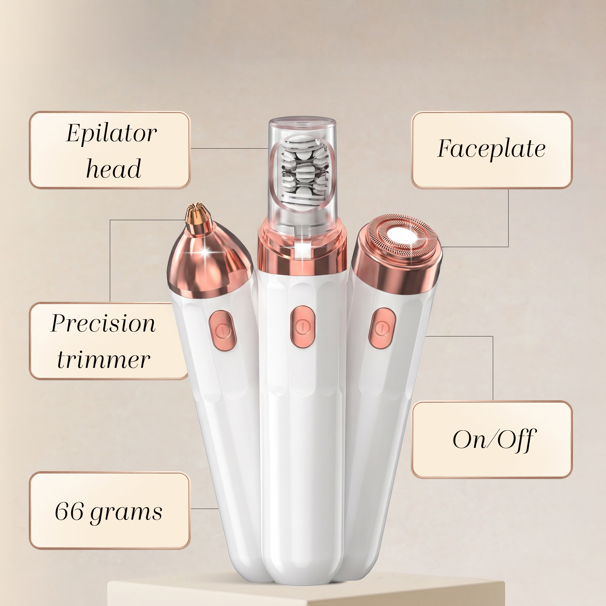 Épilateur blanc et or rose avec têtes interchangeables et fonctions étiquetées comme tondeuse de précision.