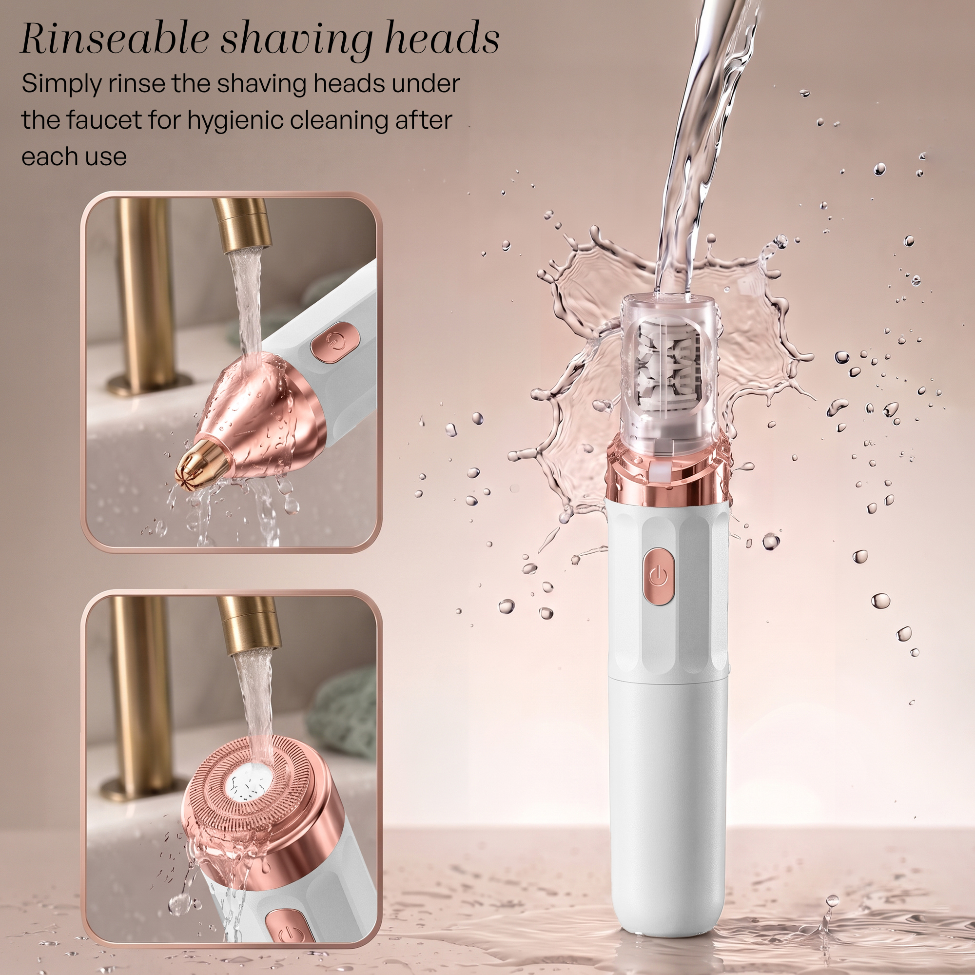 Épilateur visage blanc et doré avec têtes interchangeables rincé sous l'eau.