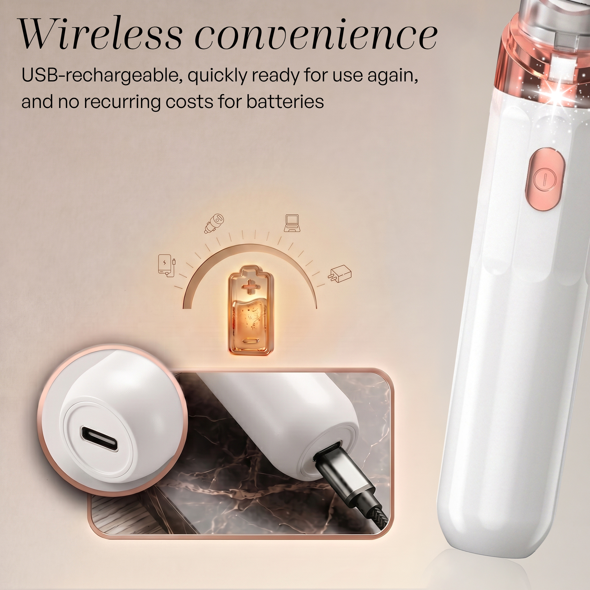 Pub pour un appareil rechargeable USB blanc et or rose avec jauge de batterie et câble.