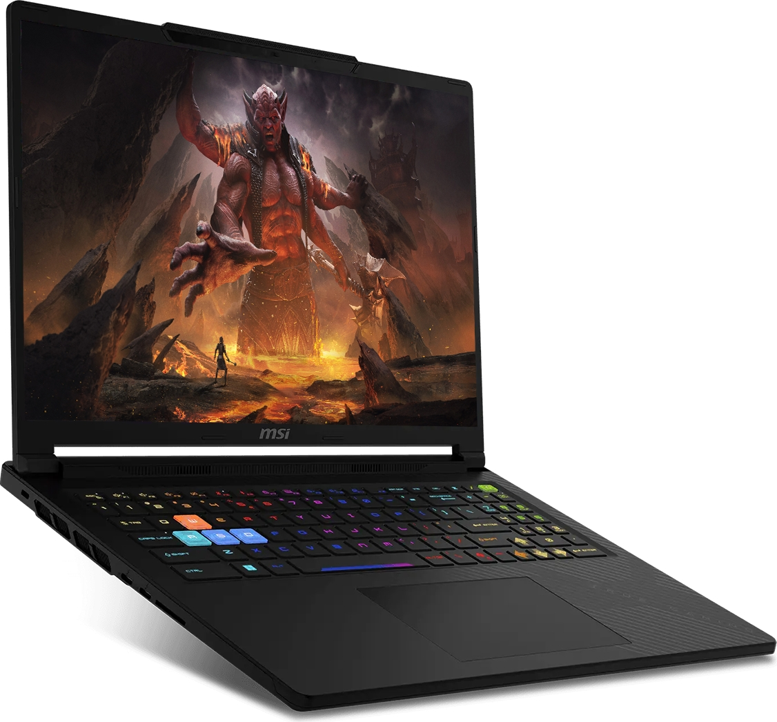 RGB arka aydınlatmalı klavyeye sahip siyah bir MSI oyuncu dizüstü bilgisayarı ekranda fantastik bir canavar gösteriyor.