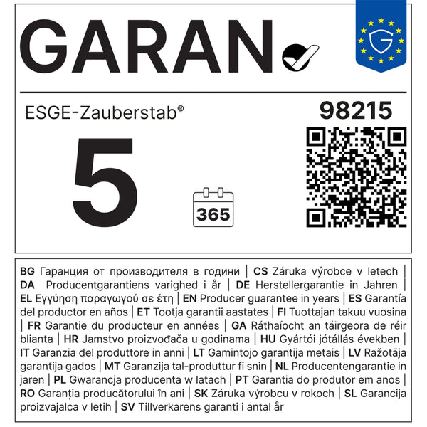 Scheda di garanzia per ESGE-Zauberstab n. 98215, con 5 anni di garanzia, codice QR e testo multilingue.