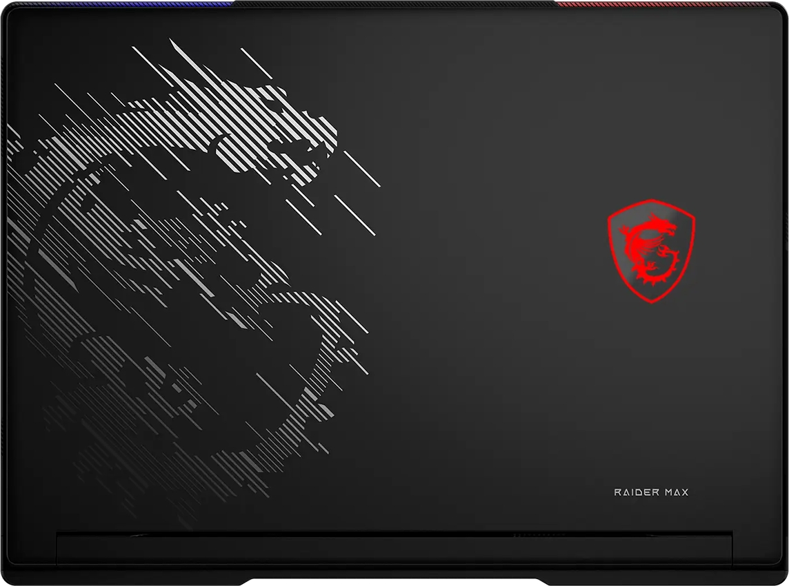 Beyaz ejderha grafiği, parlayan kırmızı MSI logosu ve Raider Max yazısı olan siyah laptop kapağı.