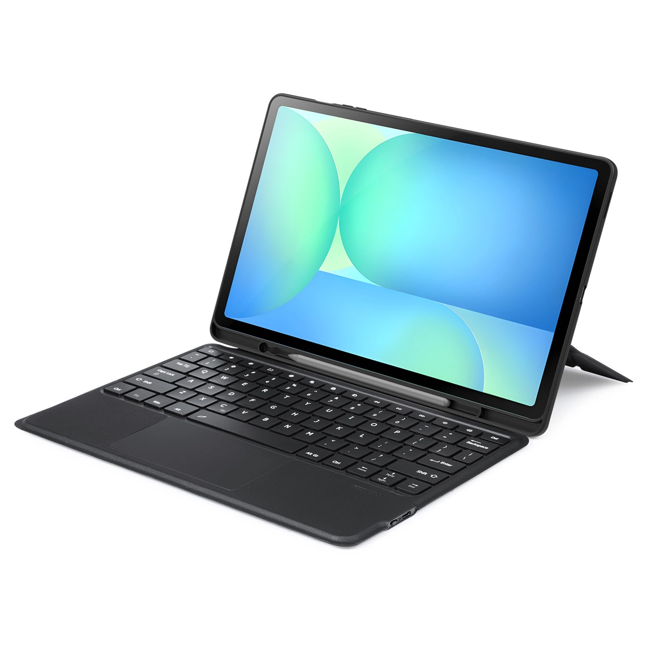 Un tablet nero collegato a una custodia con tastiera e trackpad, che mostra uno sfondo astratto blu e verde.