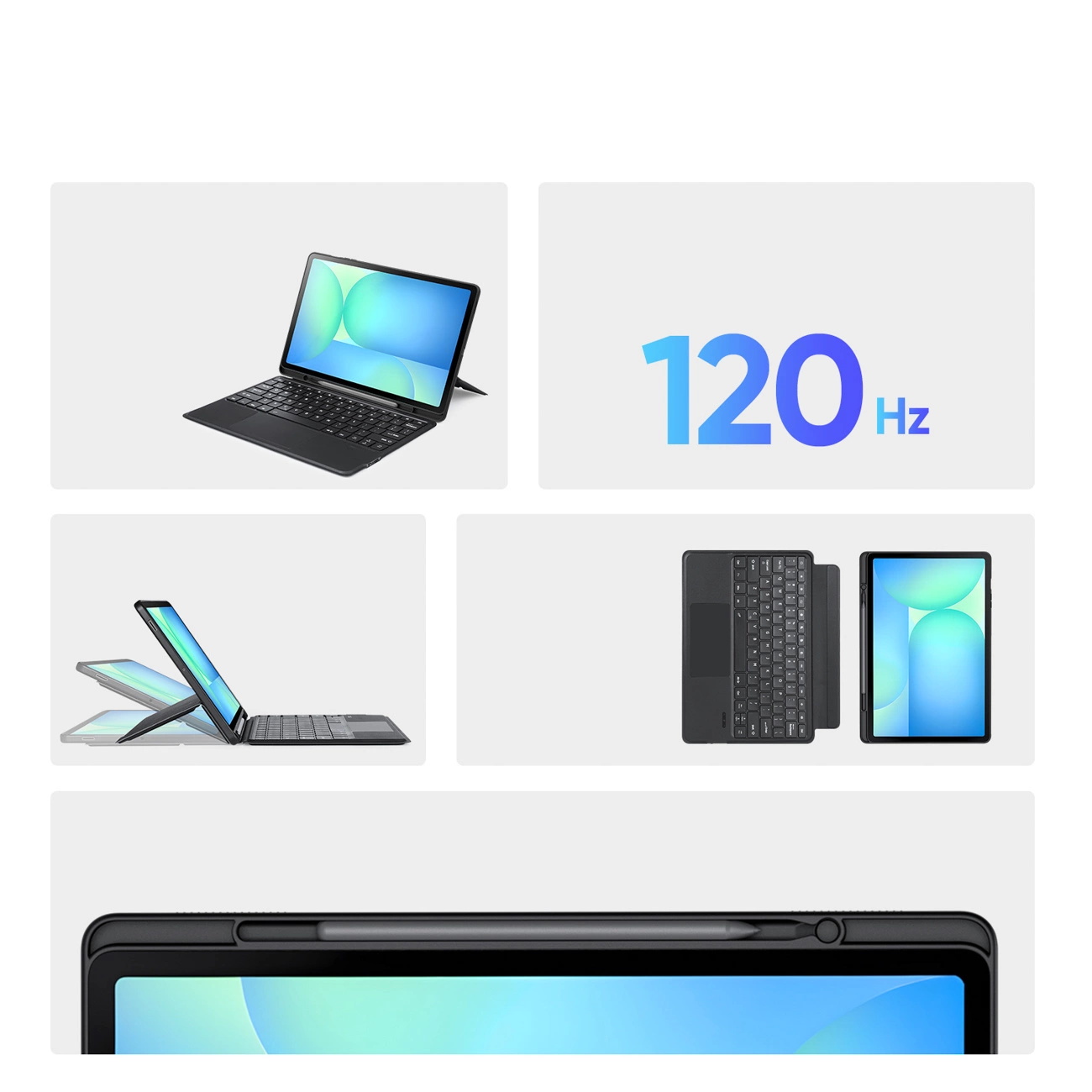 Un tablet con tastiera, pennino, supporto regolabile e schermo a 120Hz.