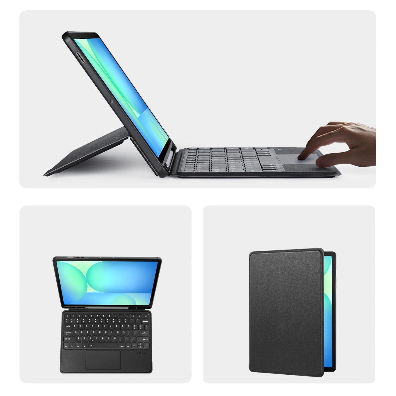 Tablet in custodia protettiva con tastiera da varie angolazioni.