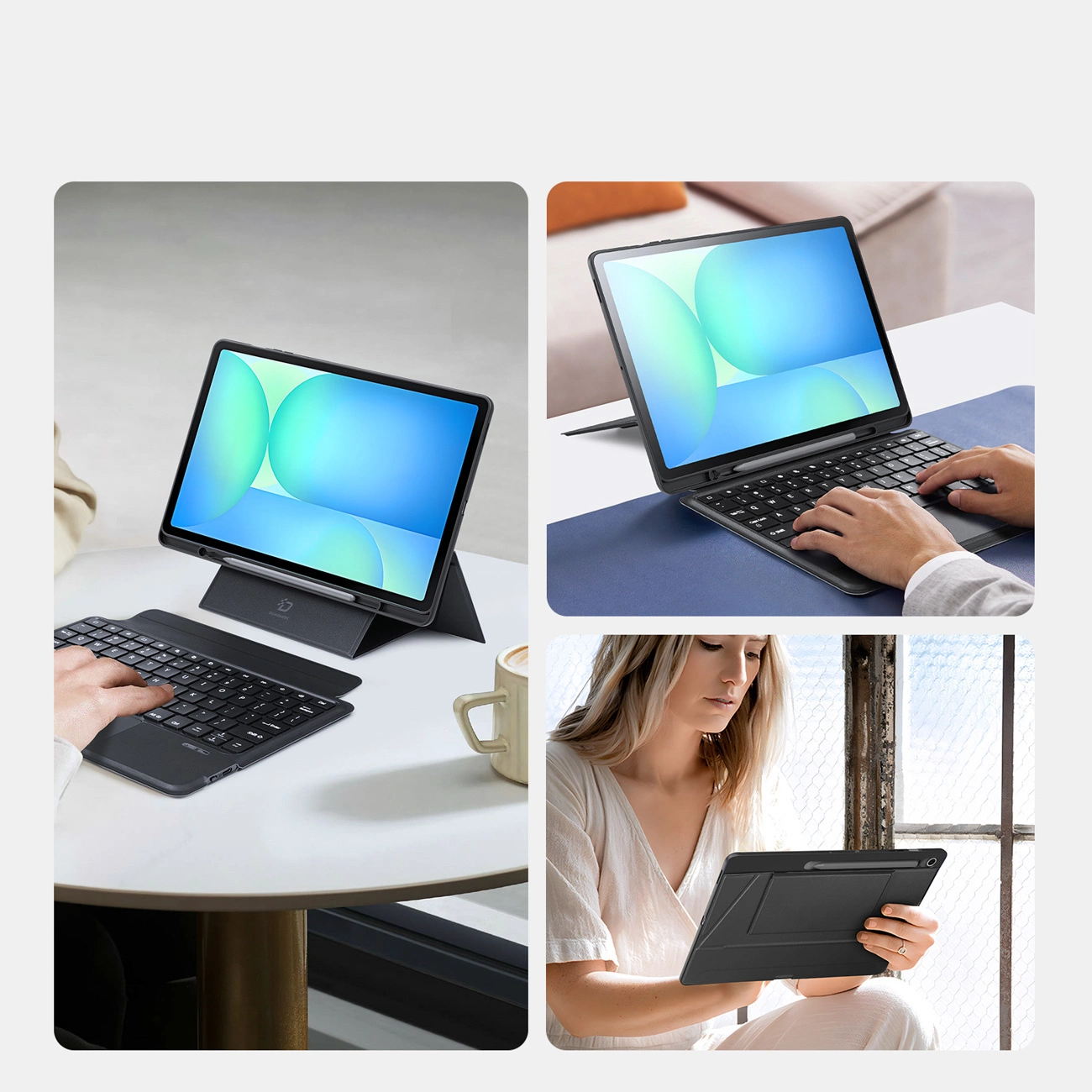 Tre immagini mostrano persone che usano una custodia nera per tablet con tastiera in diversi contesti.