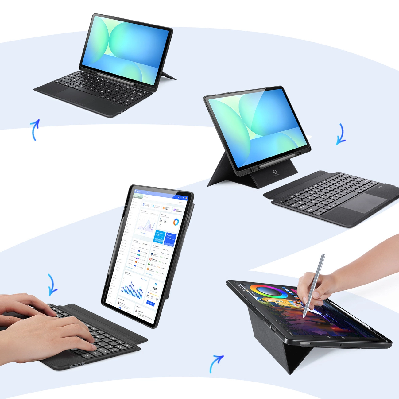 Quattro viste di un tablet con tastiera staccabile e stilo in diverse modalità.