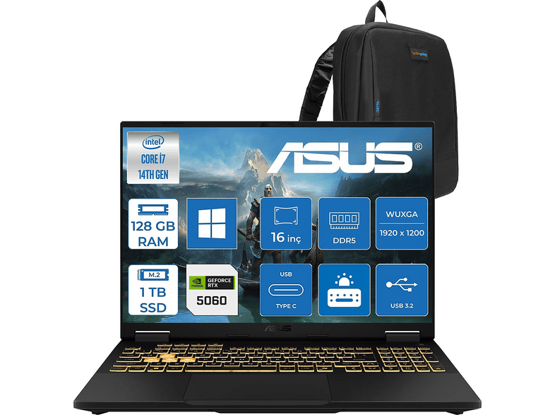ASUS Tuf Gaming F16 DDR5 8 GB/RTX5060/115W WTU403P51 Intel Core i7-14650HX 128 GB RAM 1 TB SSD 16 inç FreeDOS Laptop+Çanta Jaeger Gri