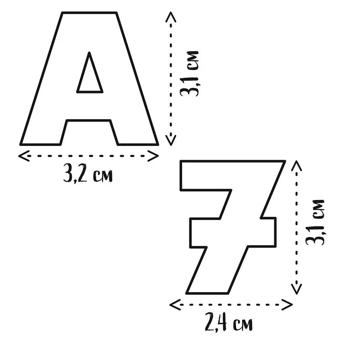 Contorno de la letra A y número 7 con flechas de dimensión y texto en cm.