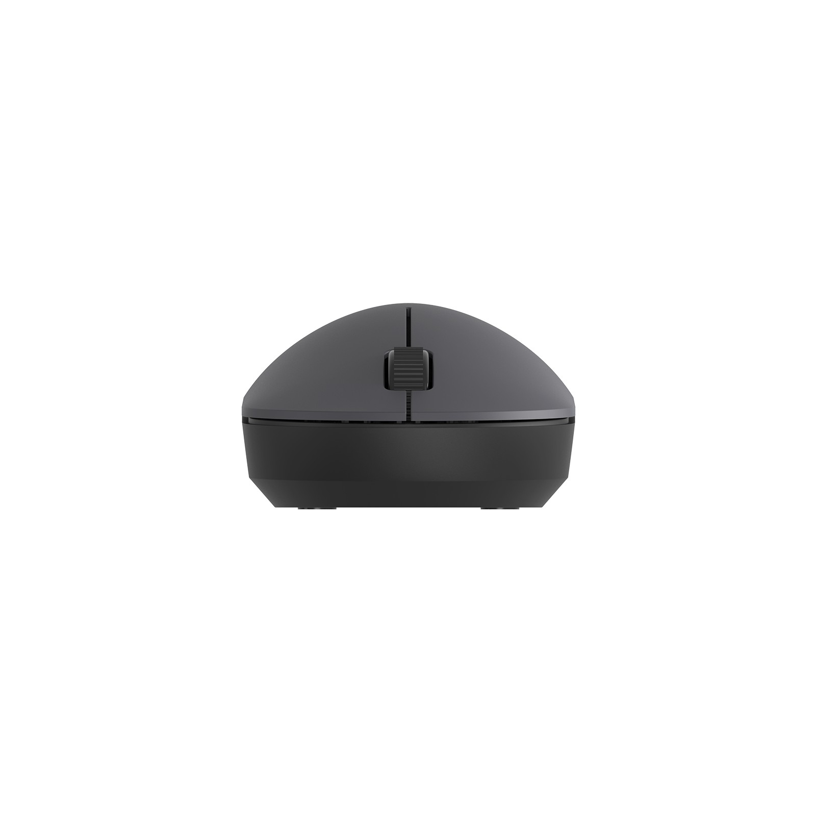 Vista frontale di un elegante mouse per computer wireless grigio scuro con rotella di scorrimento centrale su sfondo bianco.