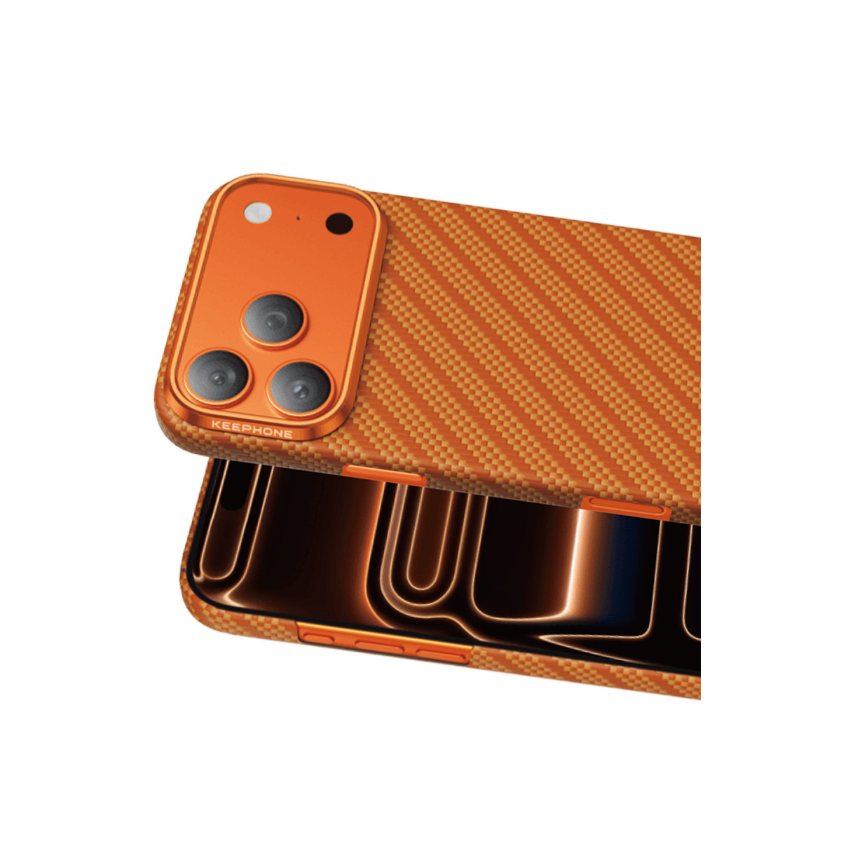 Dokulu kasaya, üçlü kamera modülüne ve ışıklı ekrana sahip turuncu bir akıllı telefon.