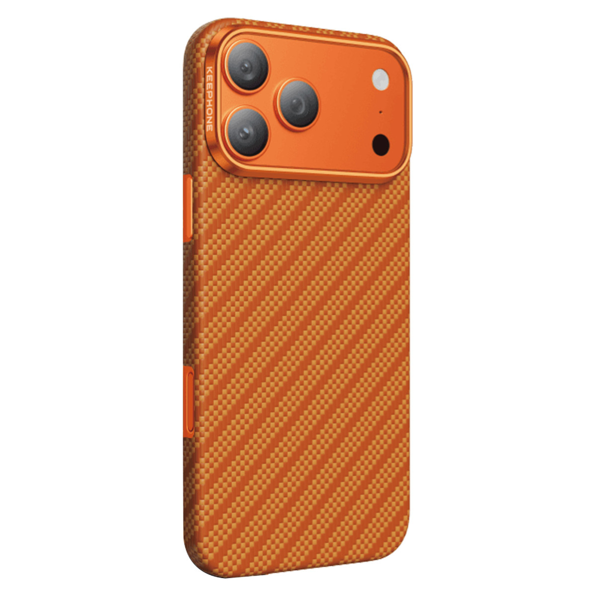 Karbon fiber desenli ve arkasında üçlü kamera kurulumu olan turuncu bir akıllı telefon.