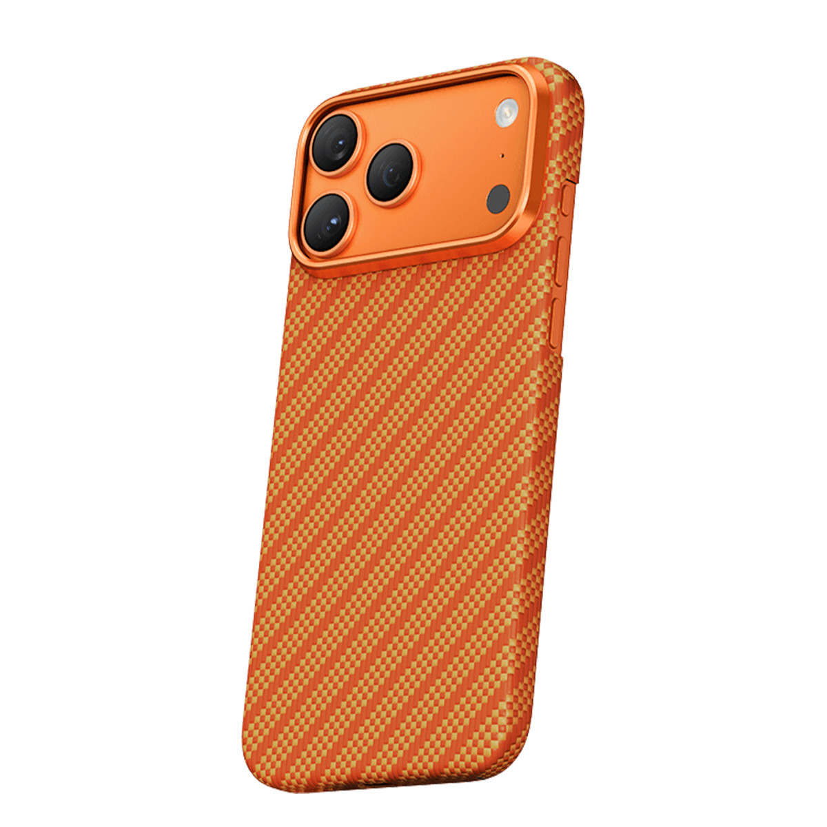 Dokulu karbon fiber arka yüzeye ve yükseltilmiş kamera modülüne sahip turuncu akıllı telefon.