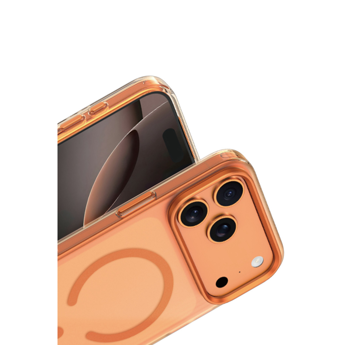 Beyaz arka planda üçlü kamera dizilimi ve ekranı görünen pembe altın kılıflı bir akıllı telefon.