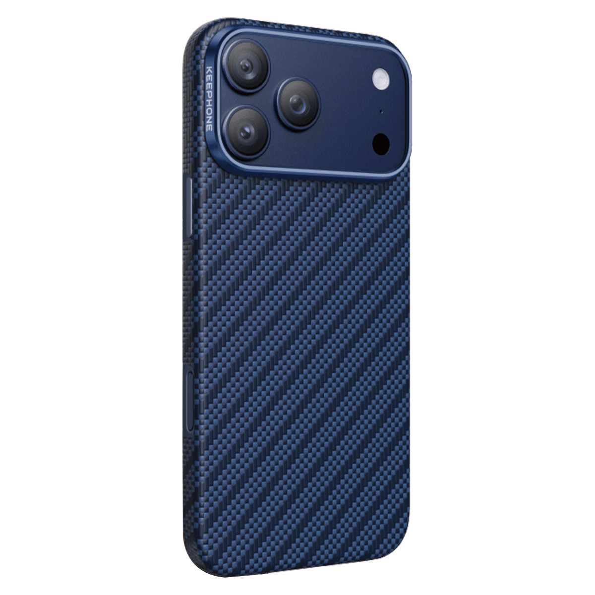 Karbon fiber desenli ve üçlü kameralı mavi akıllı telefon kılıfı.