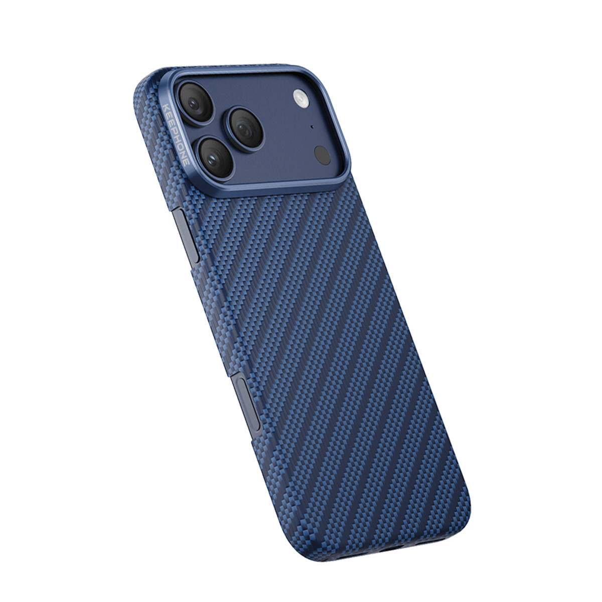 Karbon fiber dokulu ve üçlü kamera kesikli mavi akıllı telefon kılıfı.