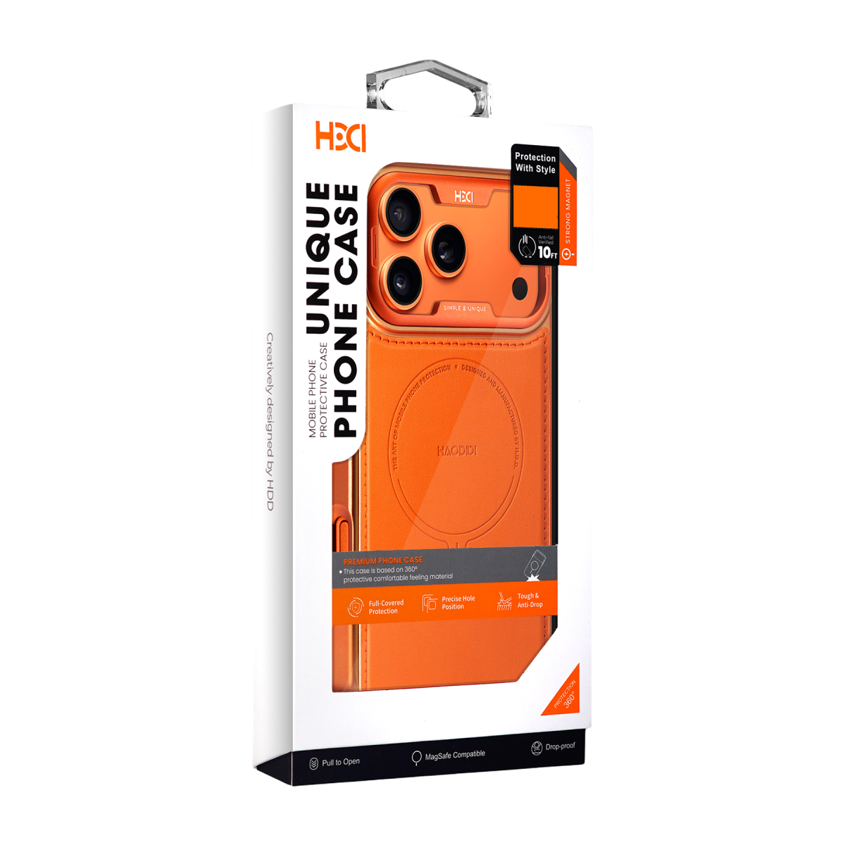 Unique Phone Case yazılı beyaz ambalaj içinde turuncu renkli akıllı telefon koruma kılıfı.