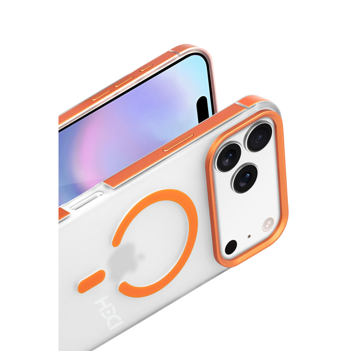 Kenarlarında, kamerasında ve MagSafe halkasında turuncu detaylar bulunan şeffaf kılıflı bir akıllı telefon.