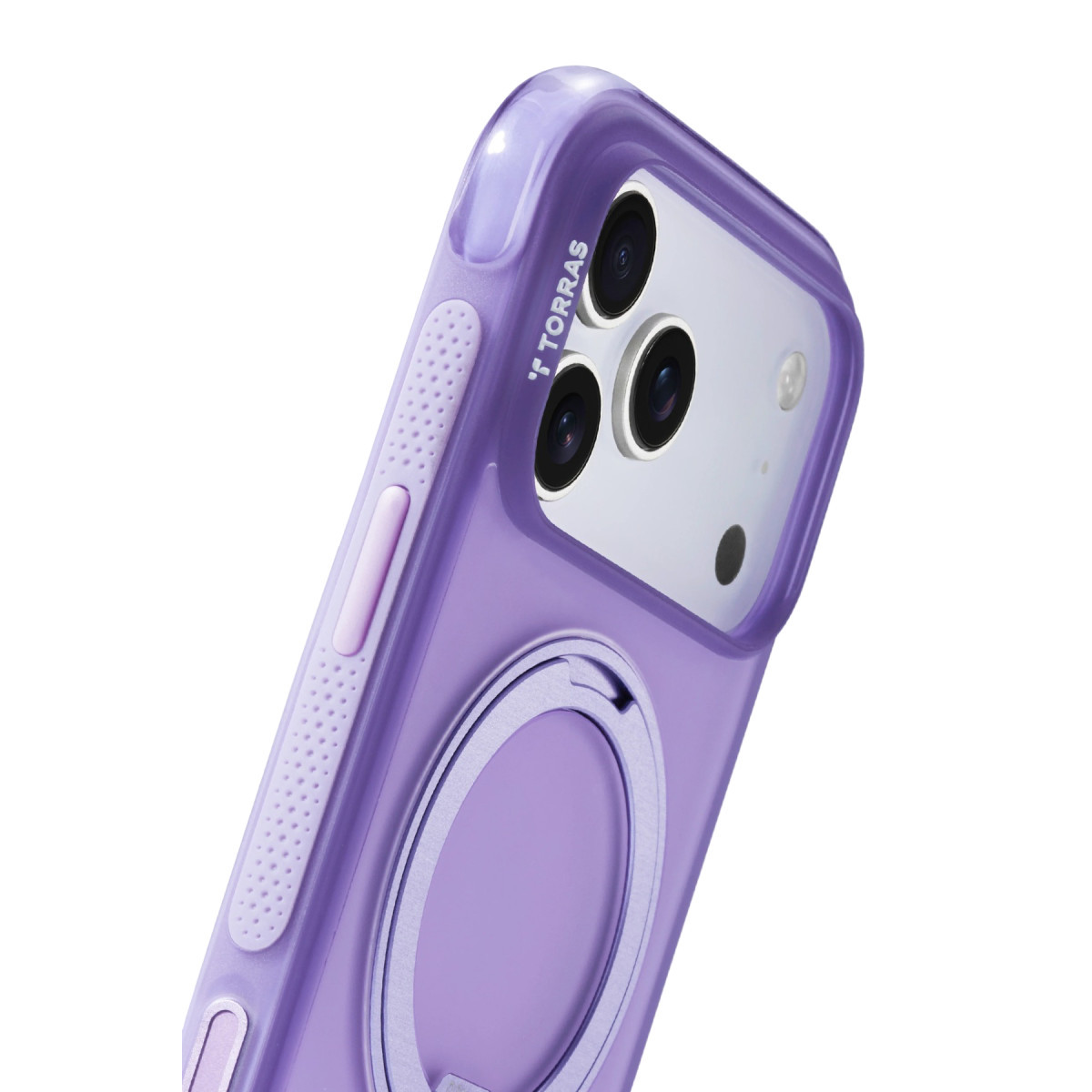 Beyaz arka planda entegre MagSafe halkalı ve kamera kesikli mor telefon kılıfı.