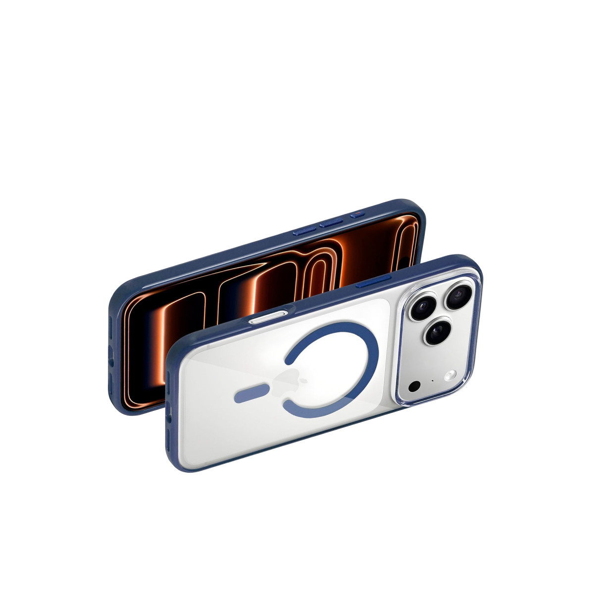 Beyaz arka plan üzerinde MagSafe halkalı mavi koruyucu kılıflı iki akıllı telefon.