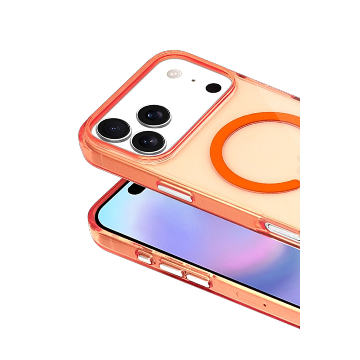 Koruyucu kılıflı ve arkasında üç kamera merceği olan turuncu akıllı telefon.