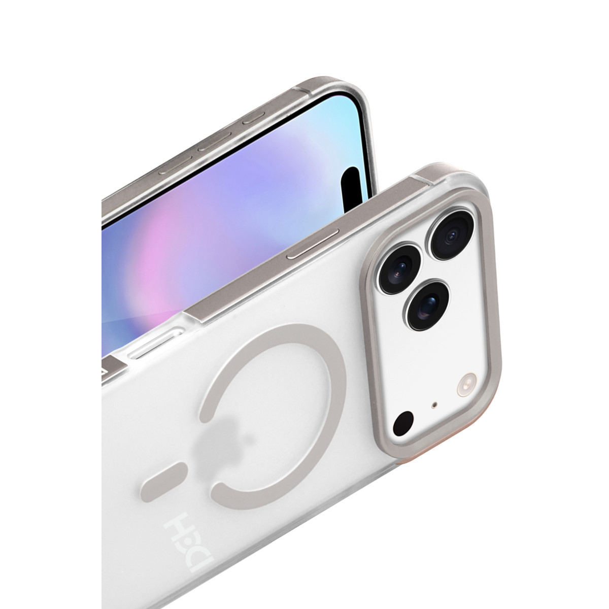 MagSafe halkalı şeffaf kılıfta bir akıllı telefon, ekranı ve üçlü kamerayı gösterecek şekilde açılı.