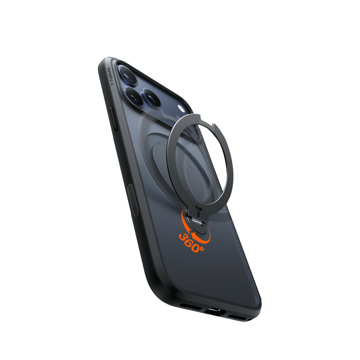 Arkasında 360 derece dönebilen metal halka standı olan koyu kılıflı bir akıllı telefon, beyaz arka plan önünde.