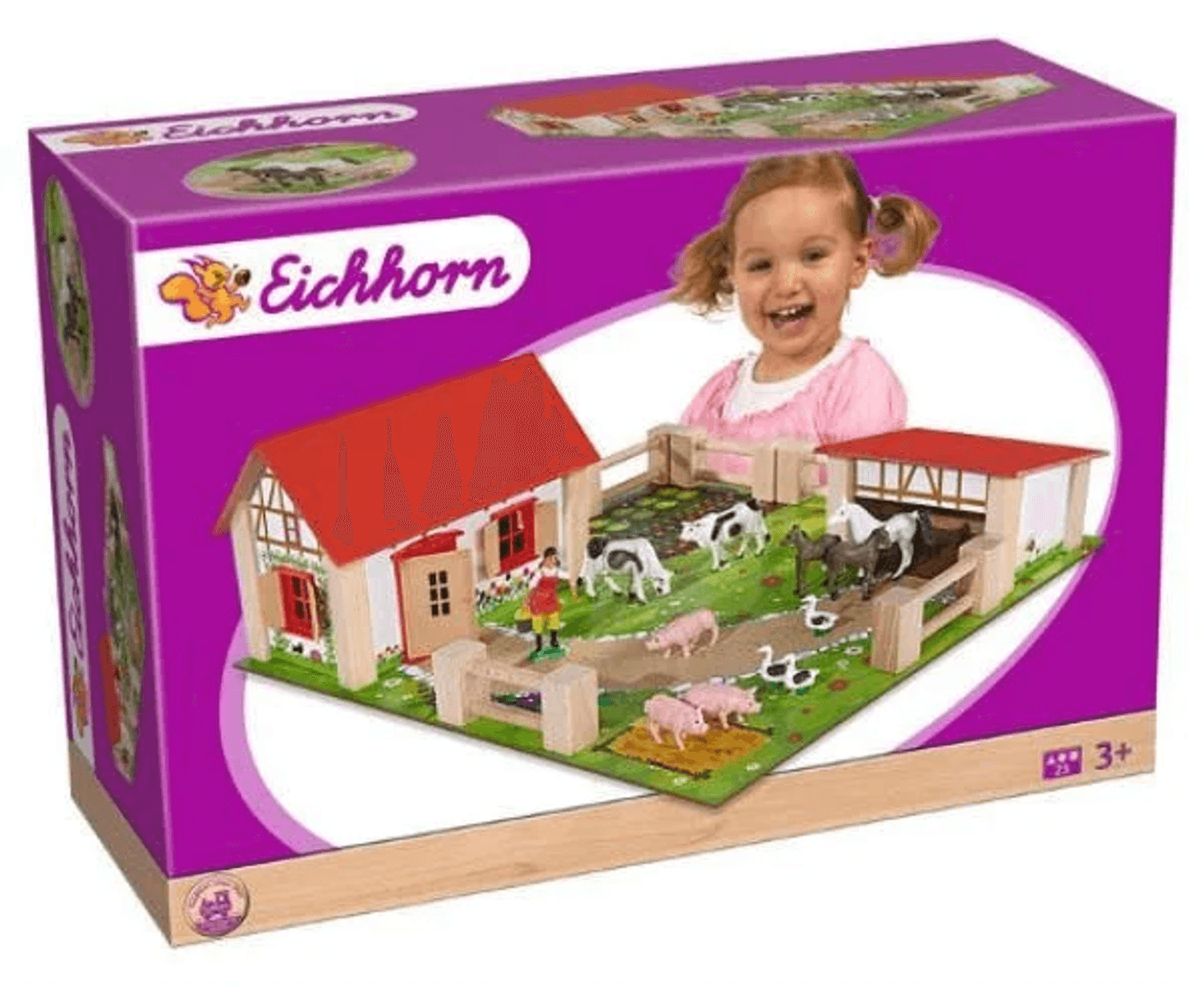 Caja de granja de juguete Eichhorn con casa de madera, animales y un niño sonriendo.