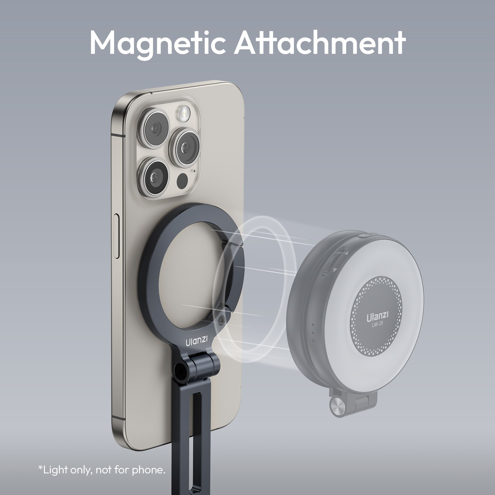Ein Ulanzi Magnetring befestigt eine kabellose LED-Leuchte an der Rückseite eines Smartphones.
