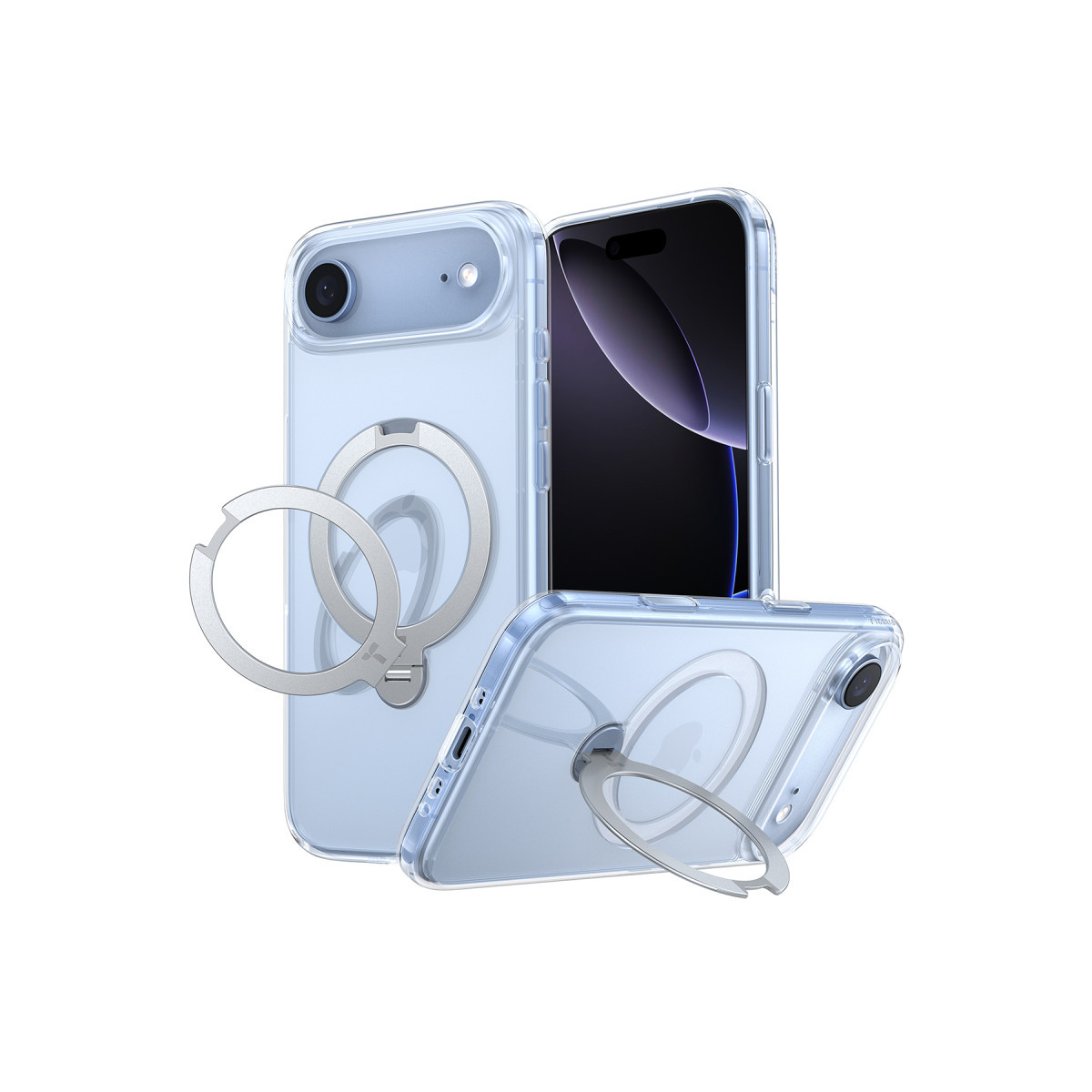 Beyaz arka planda entegre metal halka standına sahip açık mavi akıllı telefon kılıfının üç görünümü.