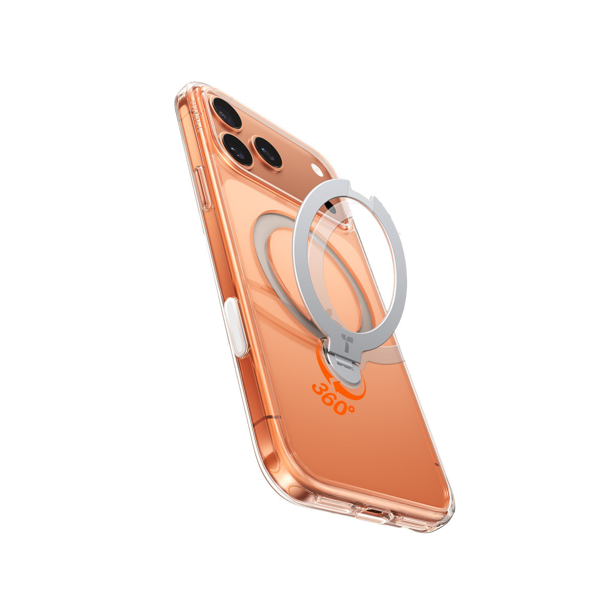 Entegre gümüş 360 derece halka standına sahip şeffaf kılıflı pembe altın rengi akıllı telefon.