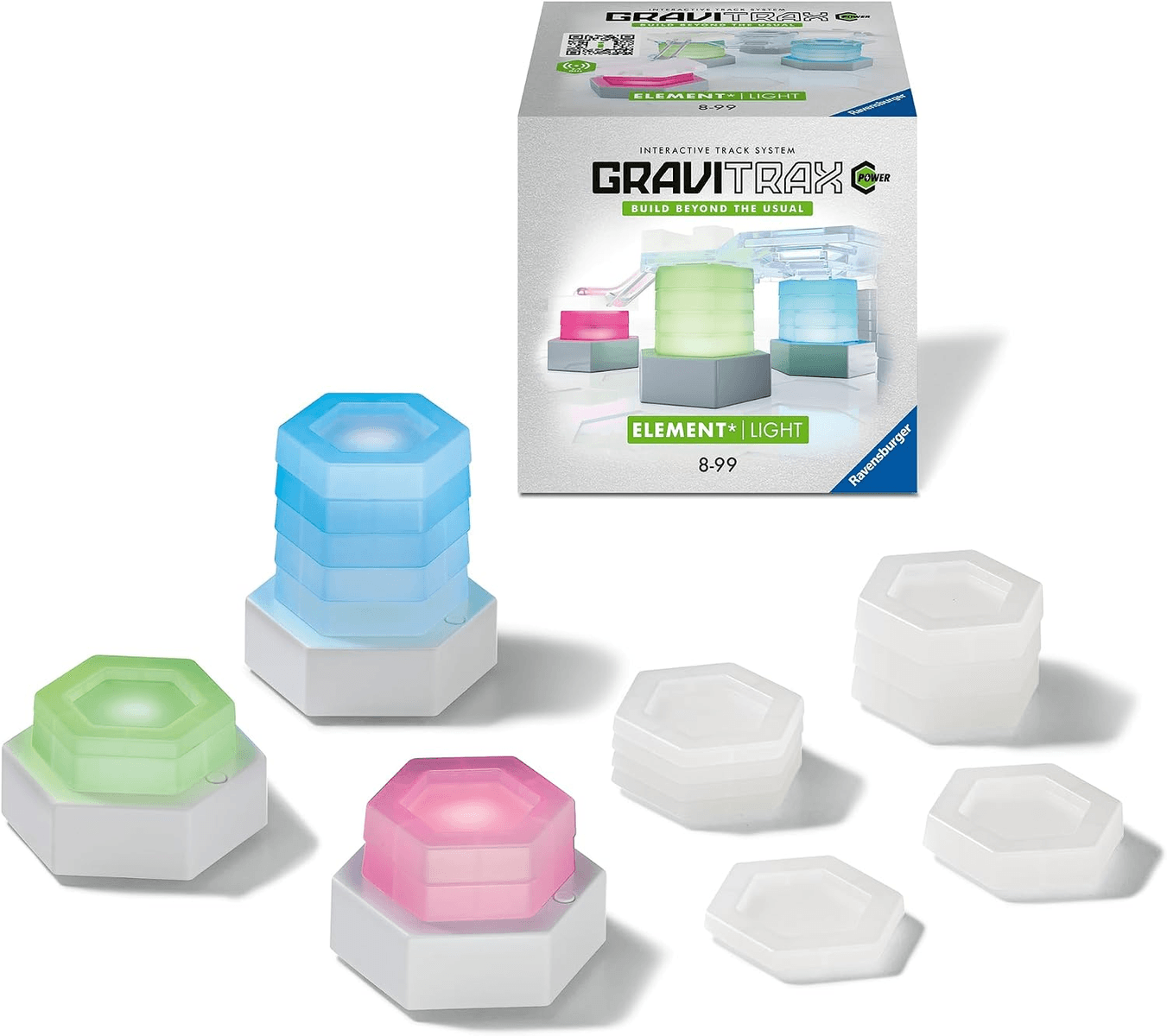 Kit GraviTrax Power Light avec blocs hexagonaux lumineux, pièces empilées et boîte du produit.
