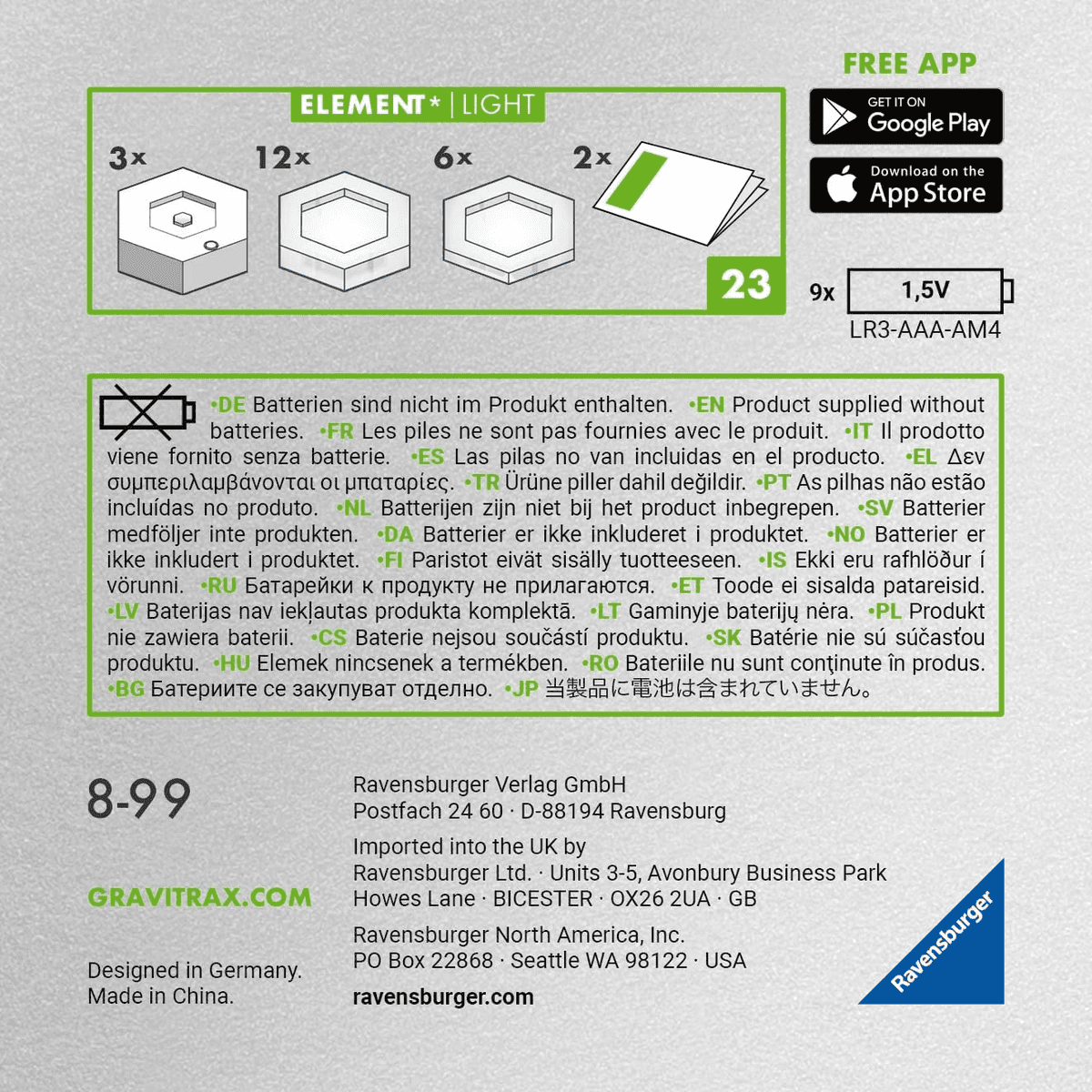 Manuel d'instructions et détails du produit GraviTrax Light, incluant des infos sur les piles et l'application.