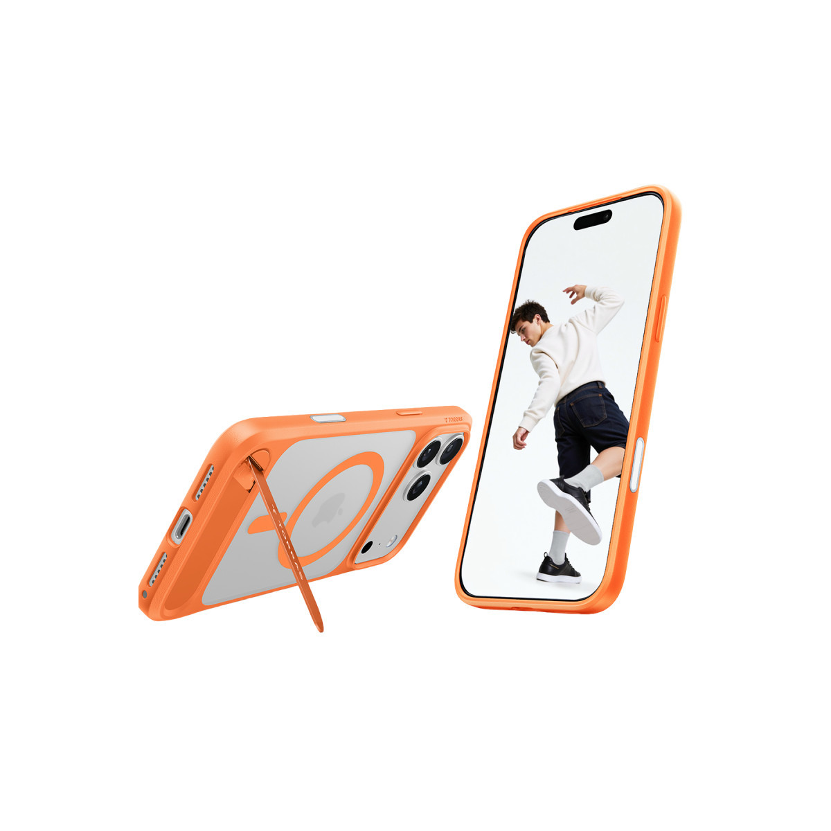 Turuncu kılıflı iki akıllı telefon, biri dans eden kişiyi gösteriyor, diğeri ayaklıklı.