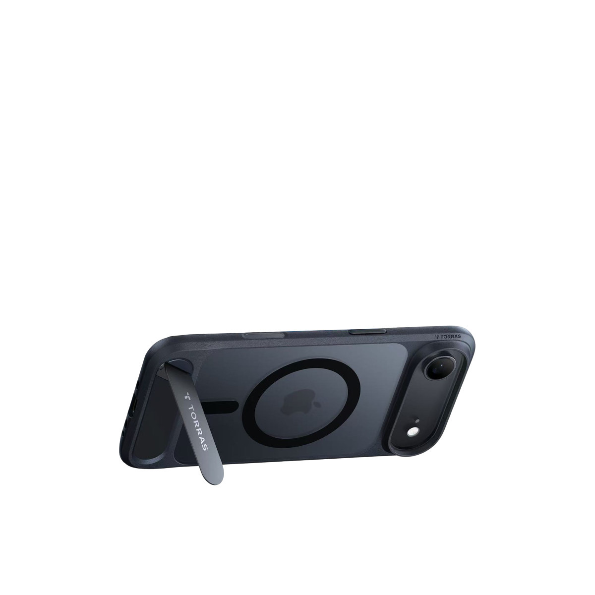 Arkada entegre standı ve MagSafe halkası olan siyah bir iPhone kılıfı.