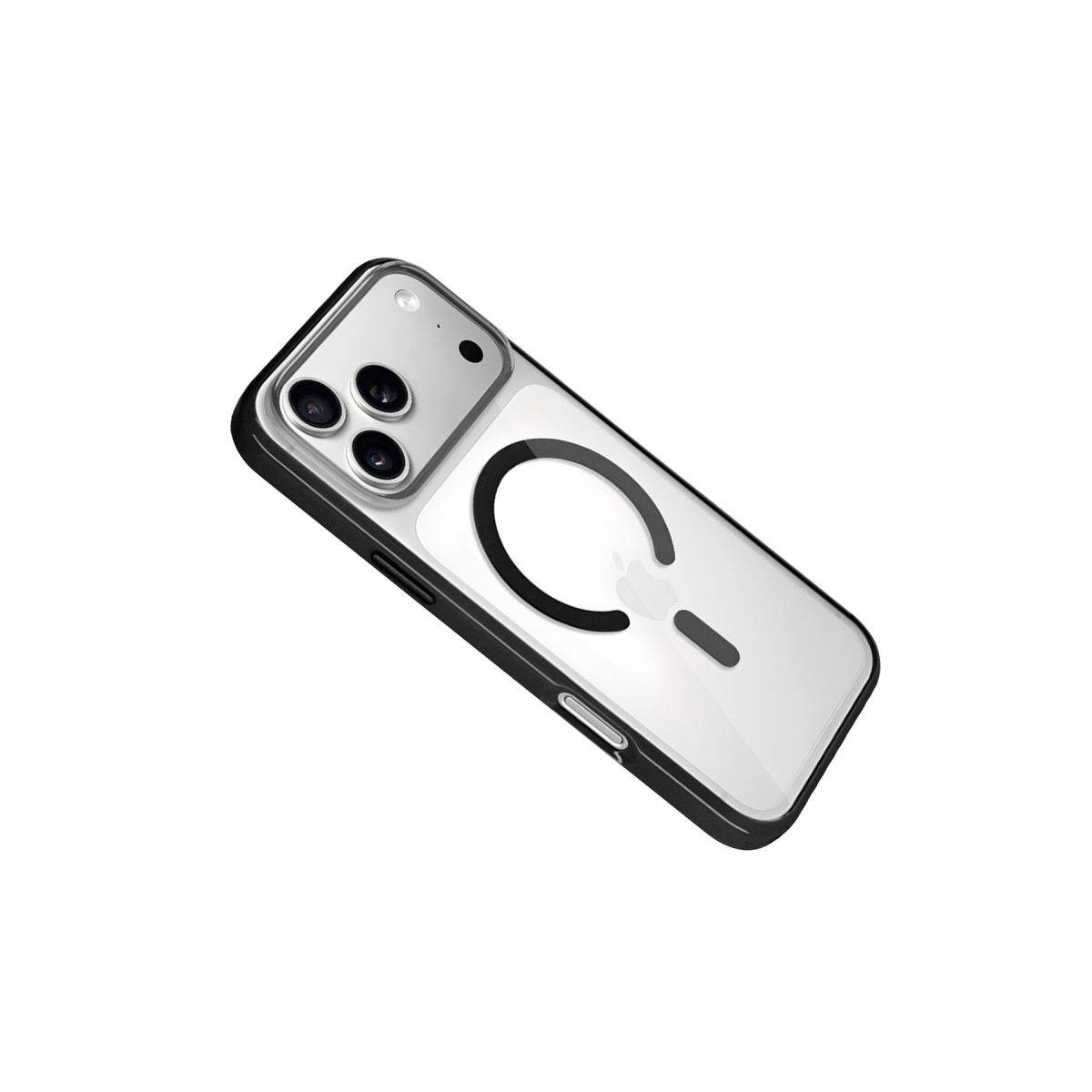 Siyah arka plan önünde, arkasında siyah MagSafe halkası olan şeffaf koruyucu kılıflı akıllı telefon.