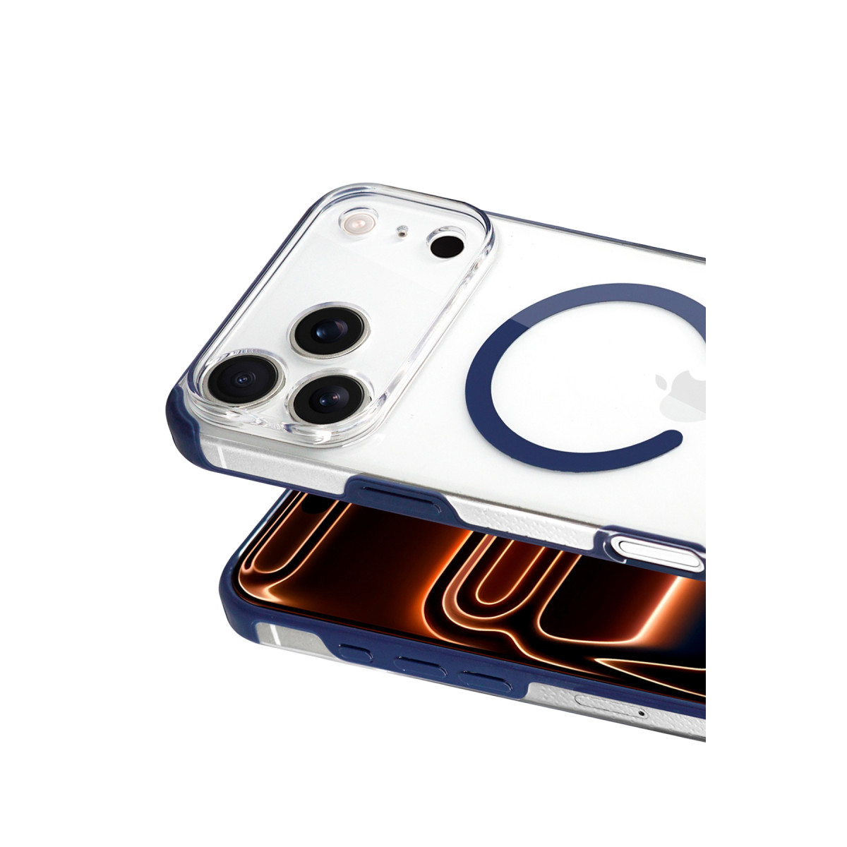 Mavi detaylı ve MagSafe halkalı şeffaf koruyucu kılıf içindeki akıllı telefon, arka görünüm.
