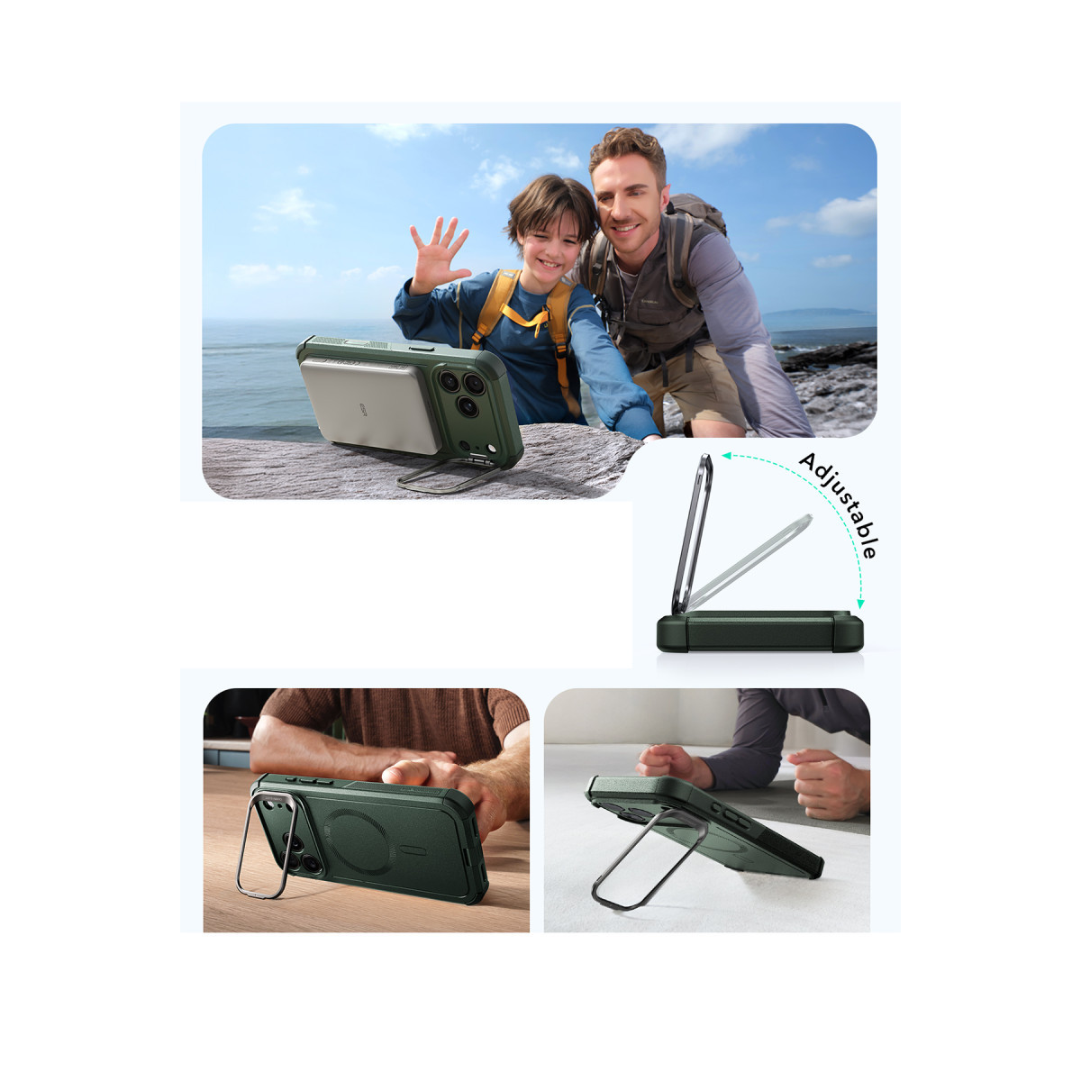 Çeşitli kullanım senaryolarında gösterilen, entegre ayarlanabilir stantlı yeşil telefon kılıfı.