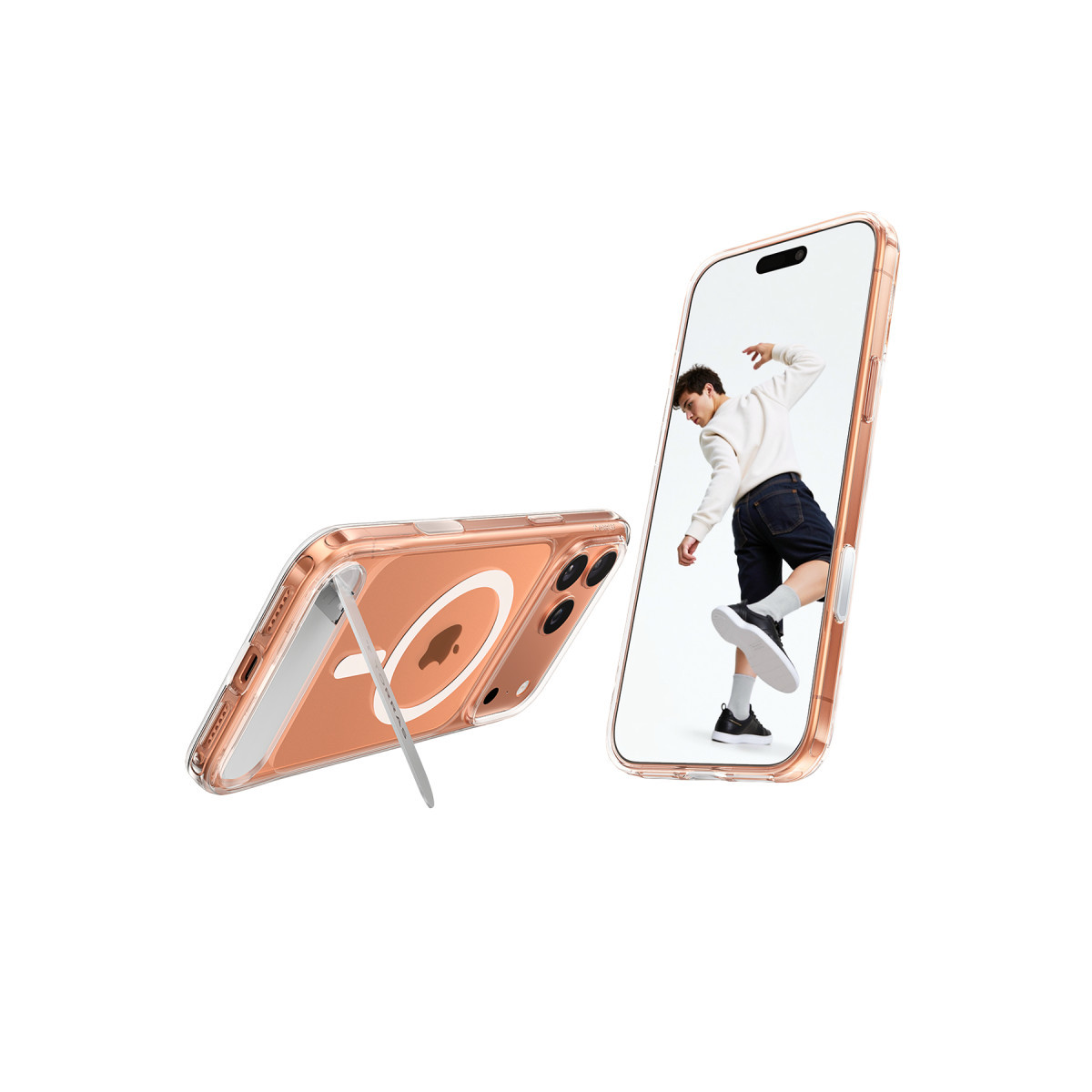 Beyaz arka planda yerleşik standlı ve MagSafe halkalı şeffaf koruyucu kılıflar içinde iki pembe iPhone.