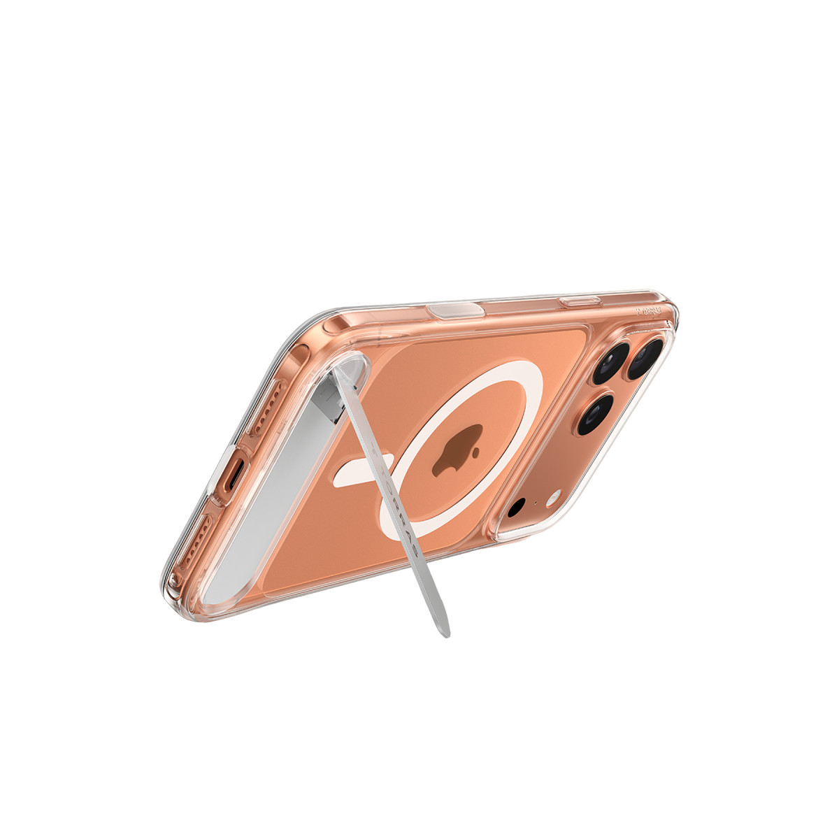 Beyaz arkaplanda entegre standlı şeffaf kılıf içinde pembe altın iPhone.