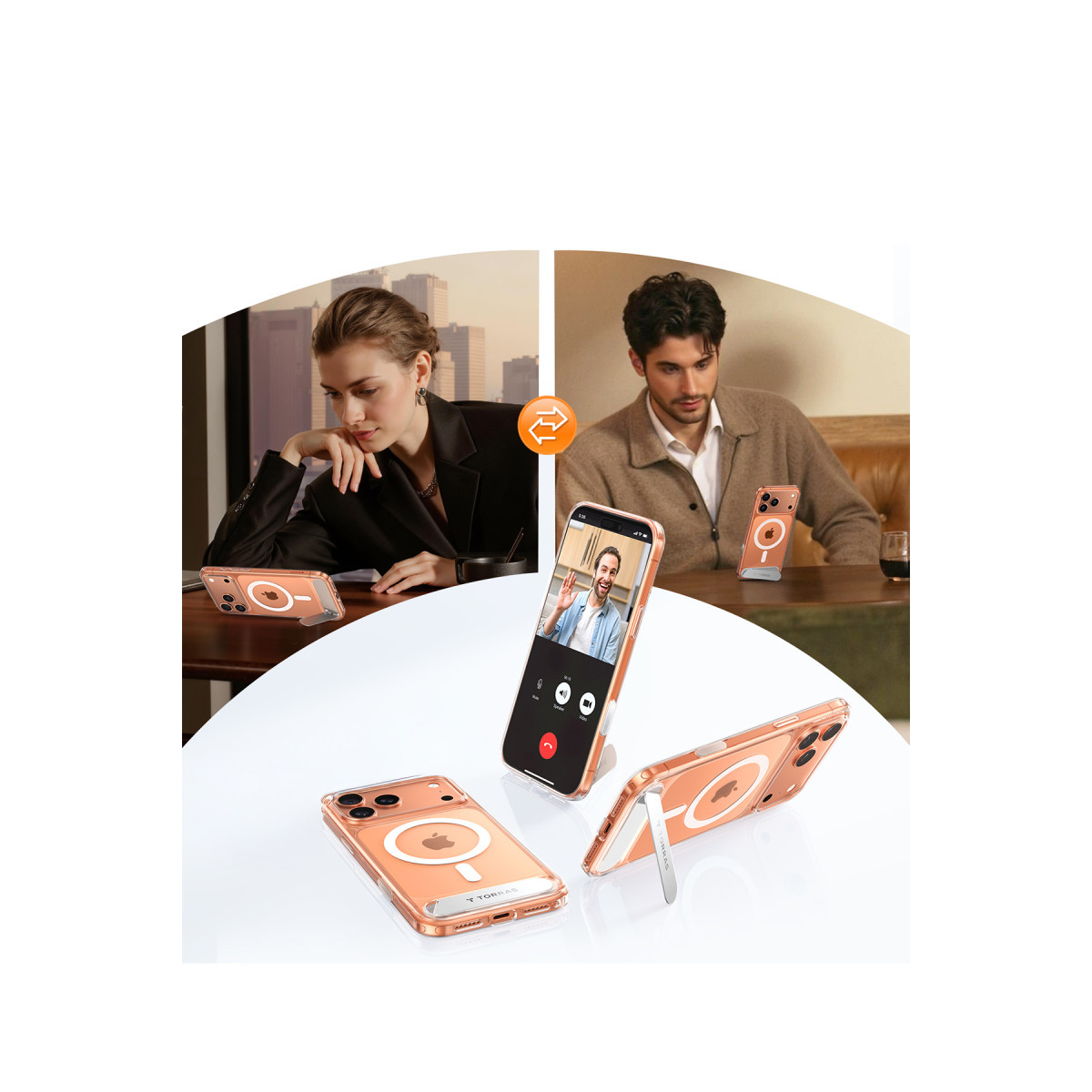 Pembe altın kılıflı ve stantlı telefonlar farklı sahnelerde insanlar tarafından kullanılıyor.