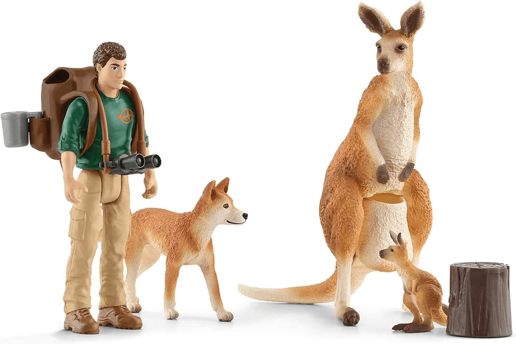 Ensemble de jouets avec explorateur, sac à dos, jumelles, chien, kangourou avec son petit et une souche.