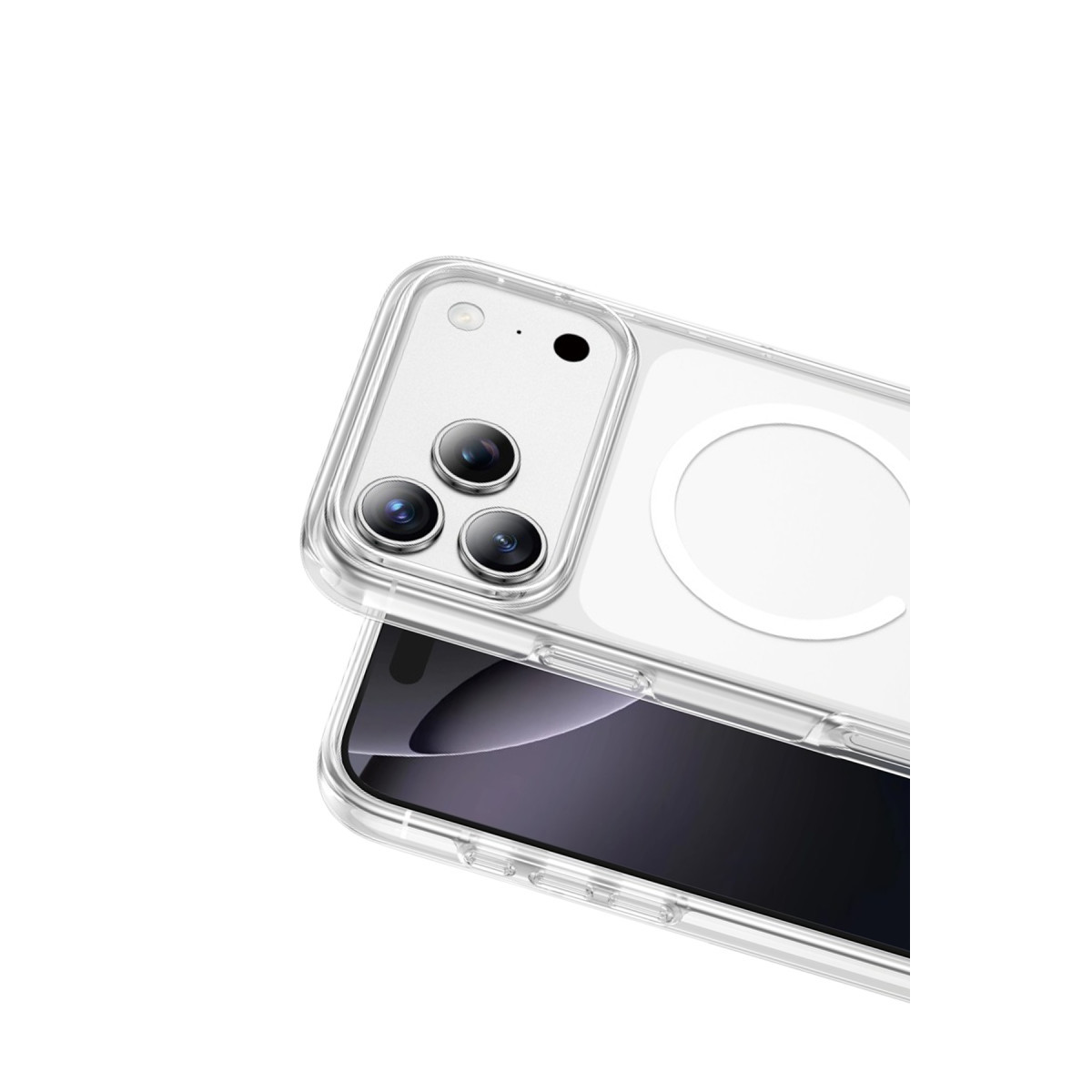 Arkada dairesel bir MagSafe halkası bulunan şeffaf koruyucu kılıf içindeki akıllı telefon.