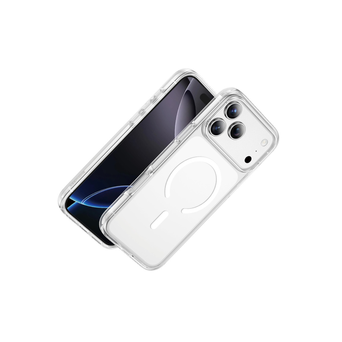 Arkada MagSafe halkası olan şeffaf koruyucu kılıf içindeki bir akıllı telefon, beyaz arka planda çapraz duruyor.