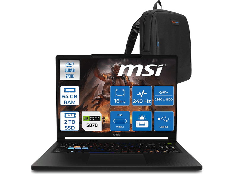 MSI Raider 16 HX DDR5 12 GB/RTX5070/115W 018TRF12 Intel Core Ultra 9 275HX 64 GB RAM 2 TB SSD 16 inç FreeDOS Laptop+Çanta Core Siyah