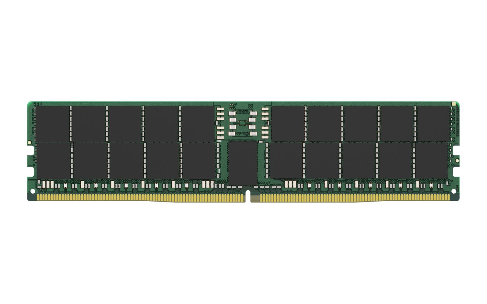 Banco di memoria RAM verde con chip neri e contatti dorati.