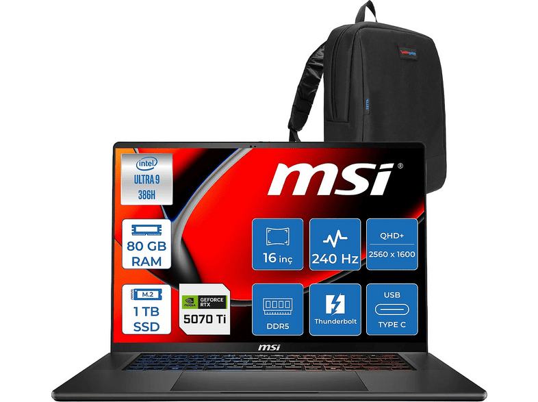 MSI Stealth A16 AI+ 12 GB/RTX5070TI/105W MXB3WHF39 Intel Core Ultra 9 386H 80 GB RAM 512 GB SSD 16 inç FreeDOS Laptop+Çanta Charcoal Siyah