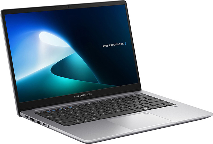 Beyaz arka planda mavi ekranlı gümüş renkli bir Asus ExpertBook dizüstü bilgisayar.