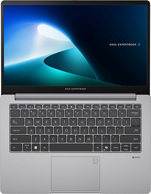 Mavi ekranlı gümüş renkli ASUS ExpertBook dizüstü bilgisayarın üstten görünümü.